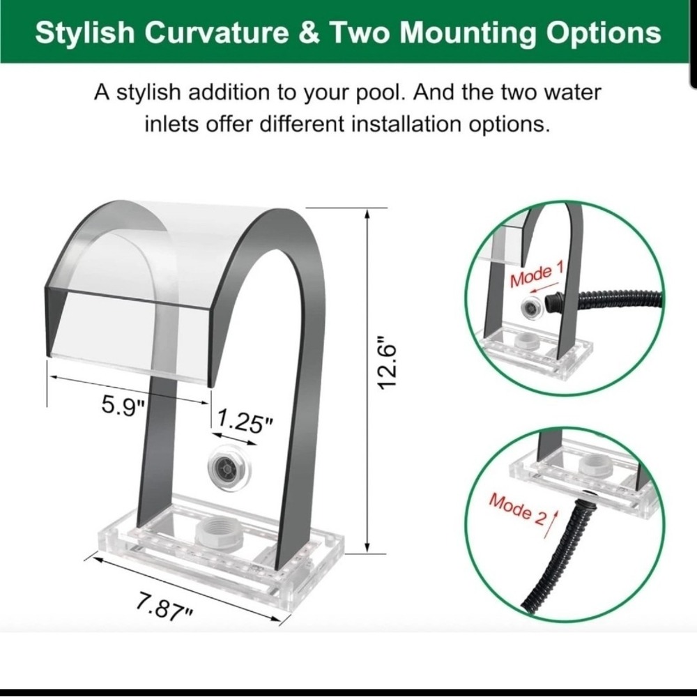 LONGRUN Acrylic S-Shaped Waterfall Spillway 12.6" LED Pool Pond Fountain